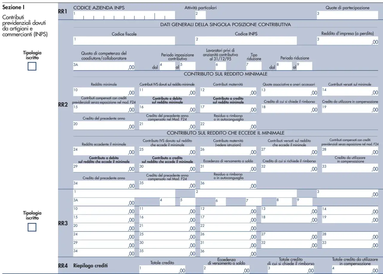 Modello INPS per contributi previdenziali amministratori srl. Dati per calcolo contributi sul reddito minimale e eccedente.
