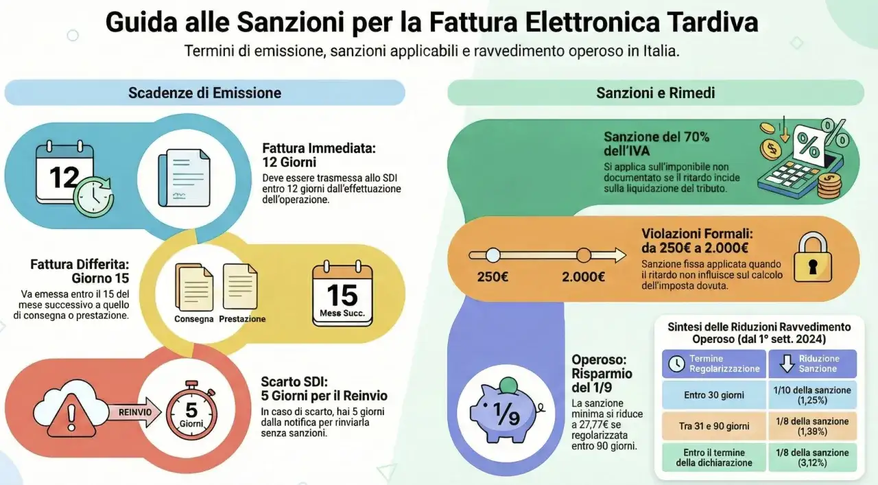 Guida alle sanzioni per l'obbligo emissione fattura elettronica tardiva: scadenze, sanzioni e ravvedimento operoso.