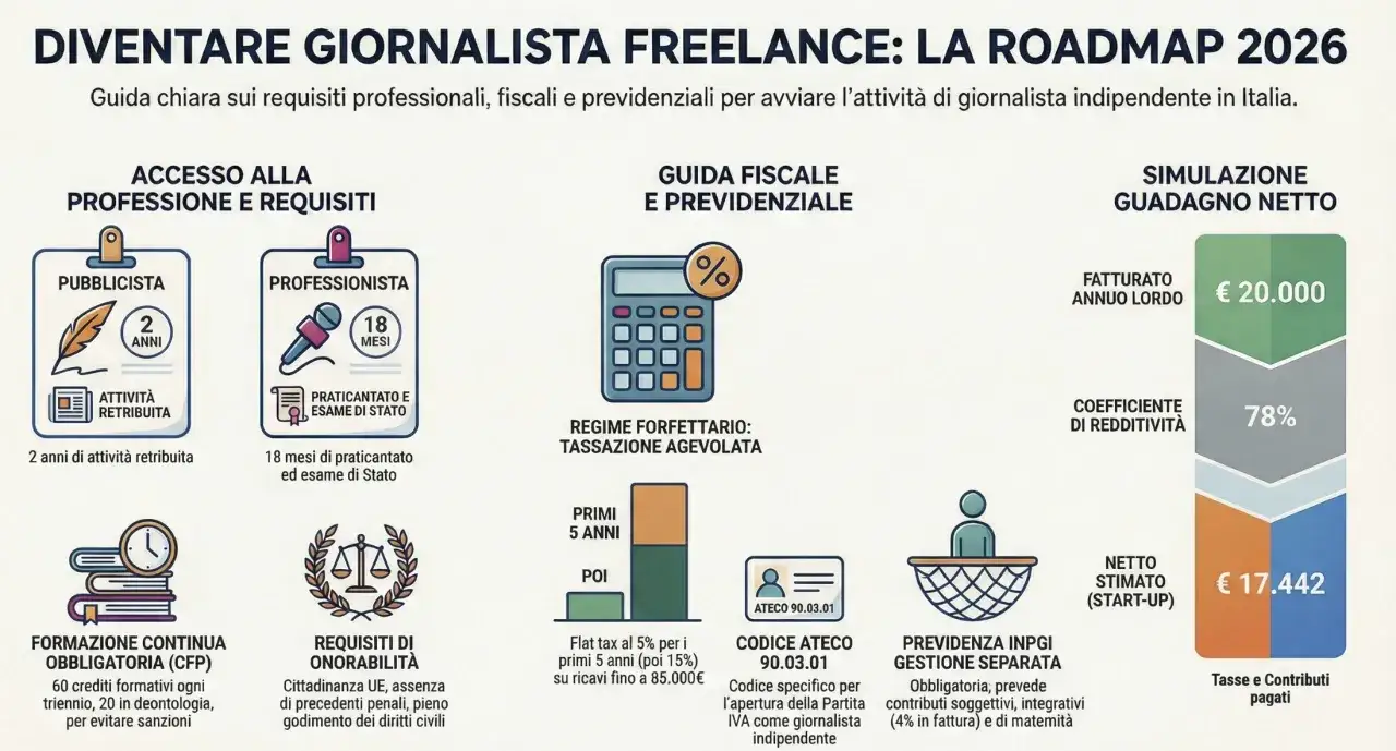 Guida per diventare giornalista freelance: requisiti, regime forfettario, tassazione e previdenza INPGI gestione separata con codici ATECO.