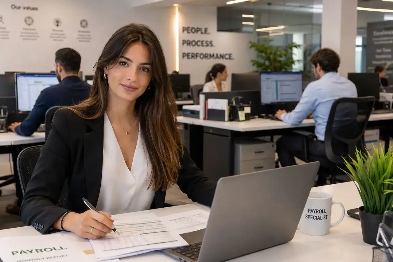 Donna al lavoro in ufficio, che si occupa di buste paga e risorse umane.
