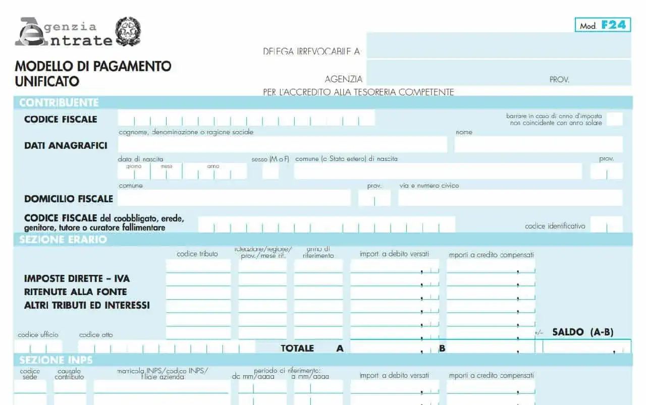 Italian tax form "Modello F24" with fields for taxpayer information, tax codes, and payment details.