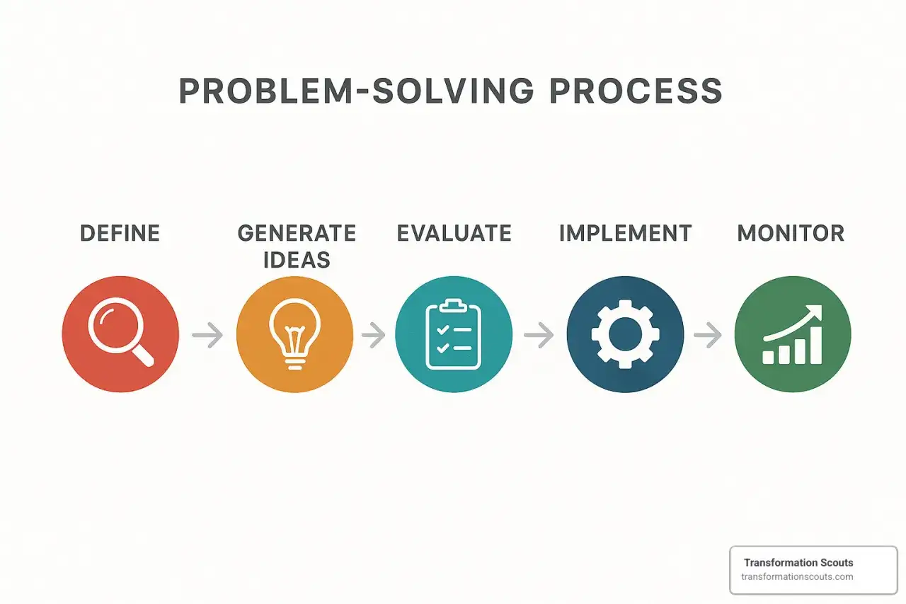 Il processo di problem solving: definire, generare idee, valutare, implementare e monitorare.