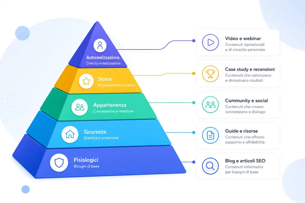 Piramide di Maslow aggiornata: dalla base dei bisogni fisiologici all'autorealizzazione, con contenuti digitali associati per ogni livello.