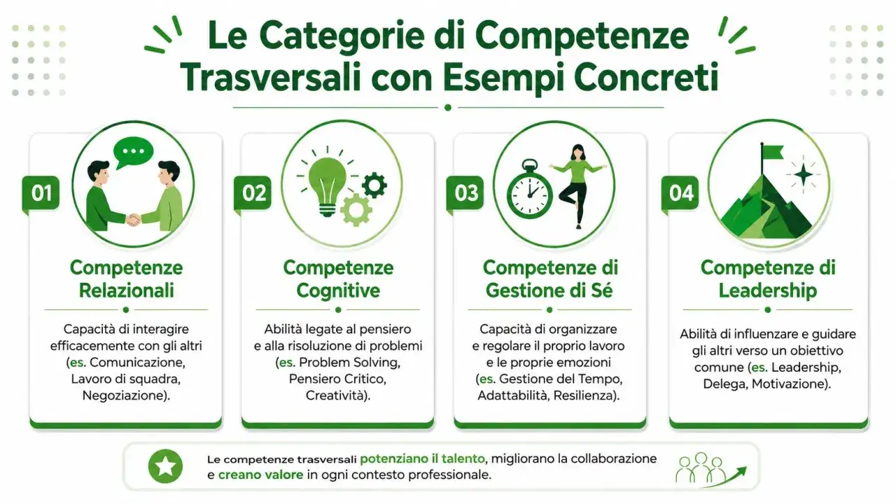 Le categorie di competenze trasversali con esempi concreti: relazionali, cognitive, gestione di sé e leadership. Ottimi soft skills esempi per il successo.
