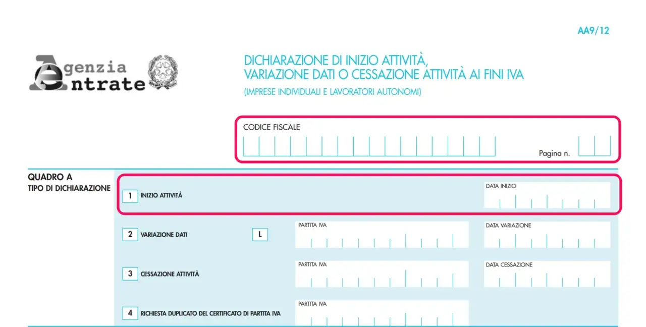 Modulo Agenzia delle Entrate per chi deve aprire la partita IVA. Sezione 