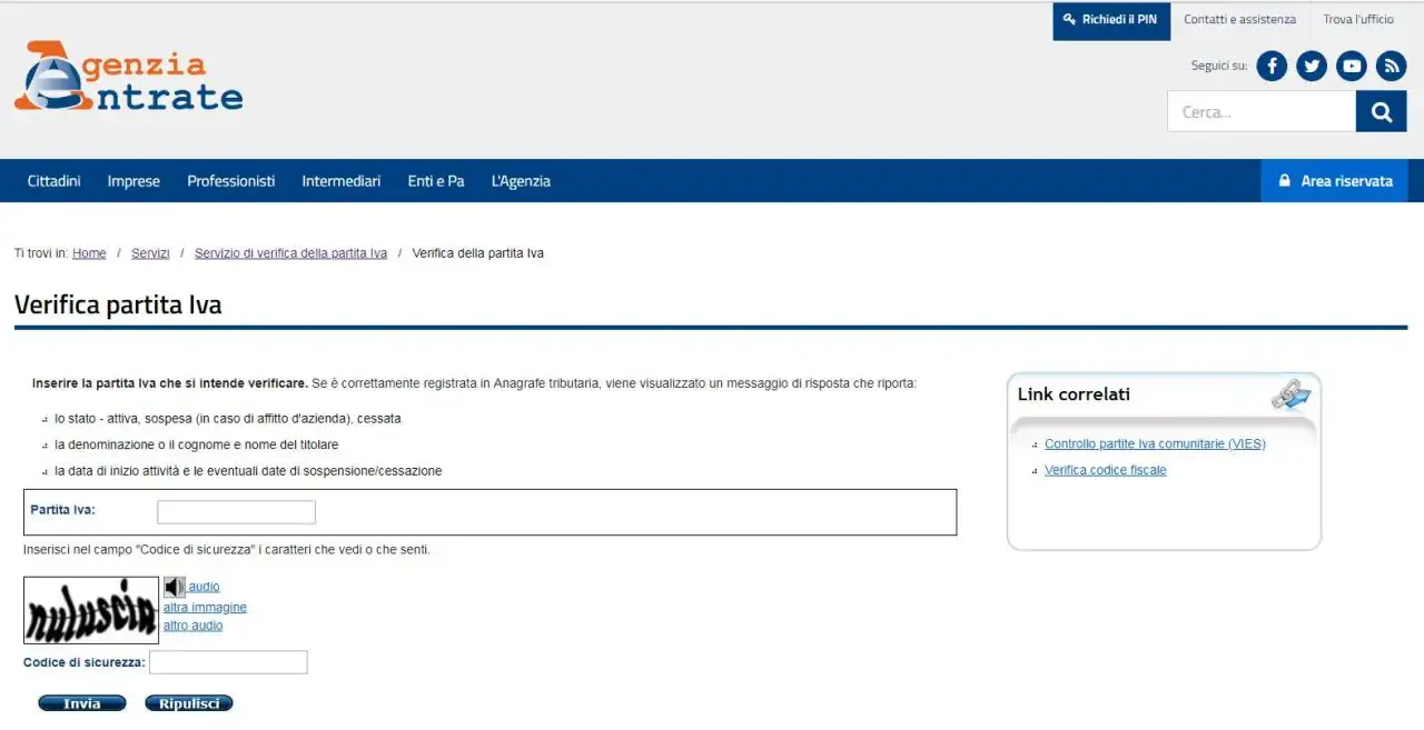 Italian tax agency website page for verifying VAT numbers, with input fields and a security code.