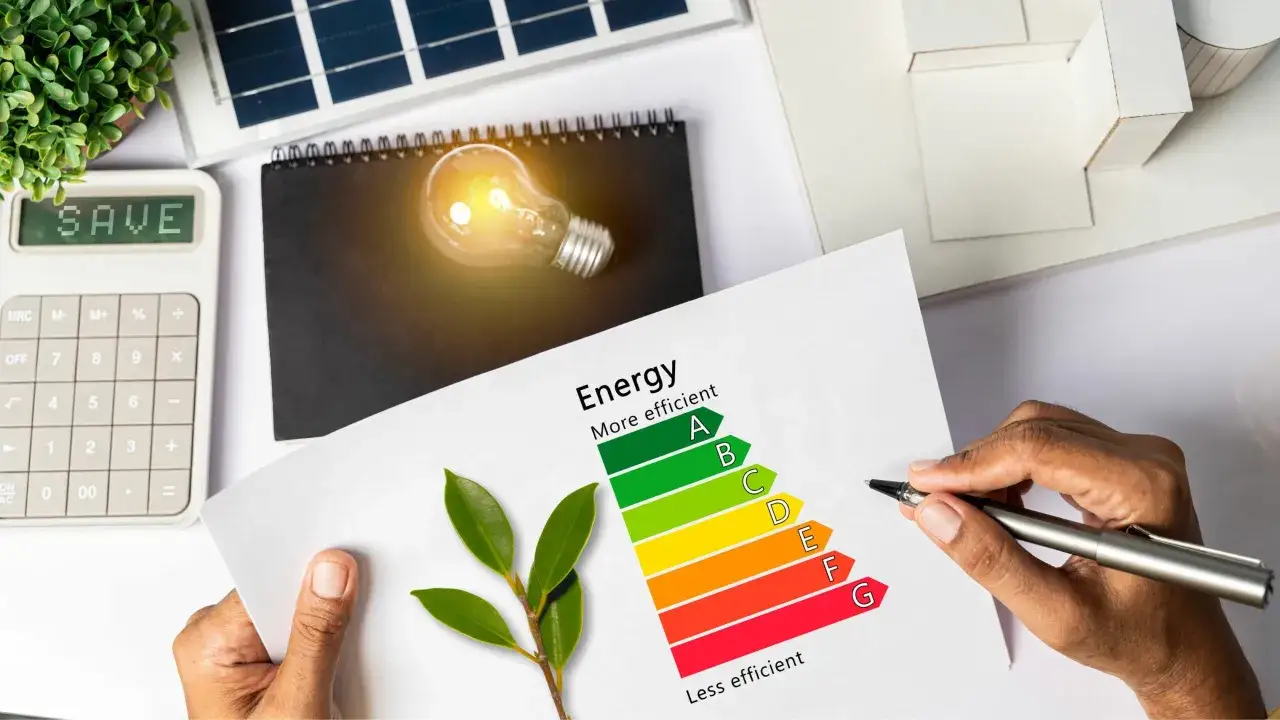 Valutazione efficienza energetica, con lampadina, pannello solare e calcolatrice. Servizi di consulenza energetica (codice ateco 749032).