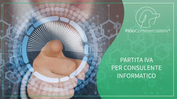 Dito che tocca un'interfaccia digitale con testo "Partita IVA per consulente informatico".