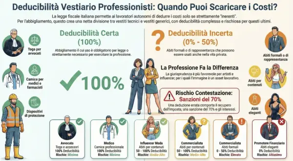 Infografica sulla deducibilità delle consulenze professionali per l'abbigliamento. Illustra la differenza tra spese deducibili al 100% (es. toga avvocato) e quelle con deducibilità incerta (0-50%), evidenziando i rischi.