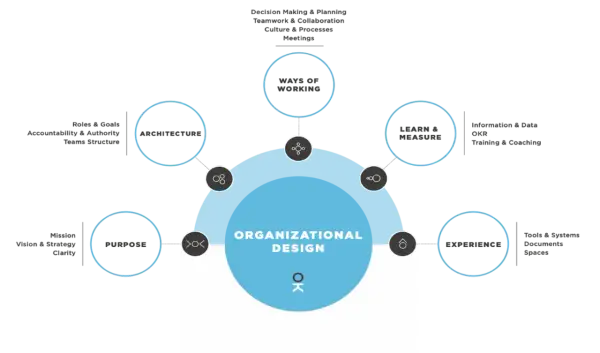 Schema di organizational design con elementi chiave: Purpose, Architecture, Ways of Working, Learn & Measure, Experience.