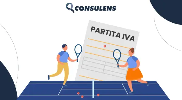 Due istruttori sportivi giocano a tennis davanti a un documento "Partita IVA".