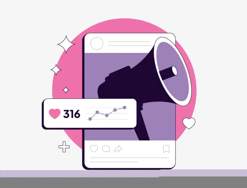 Grafica stilizzata di un megafono su uno schermo, con icone di like, commenti e condivisioni. Un grafico mostra l'andamento dei social media KPI.
